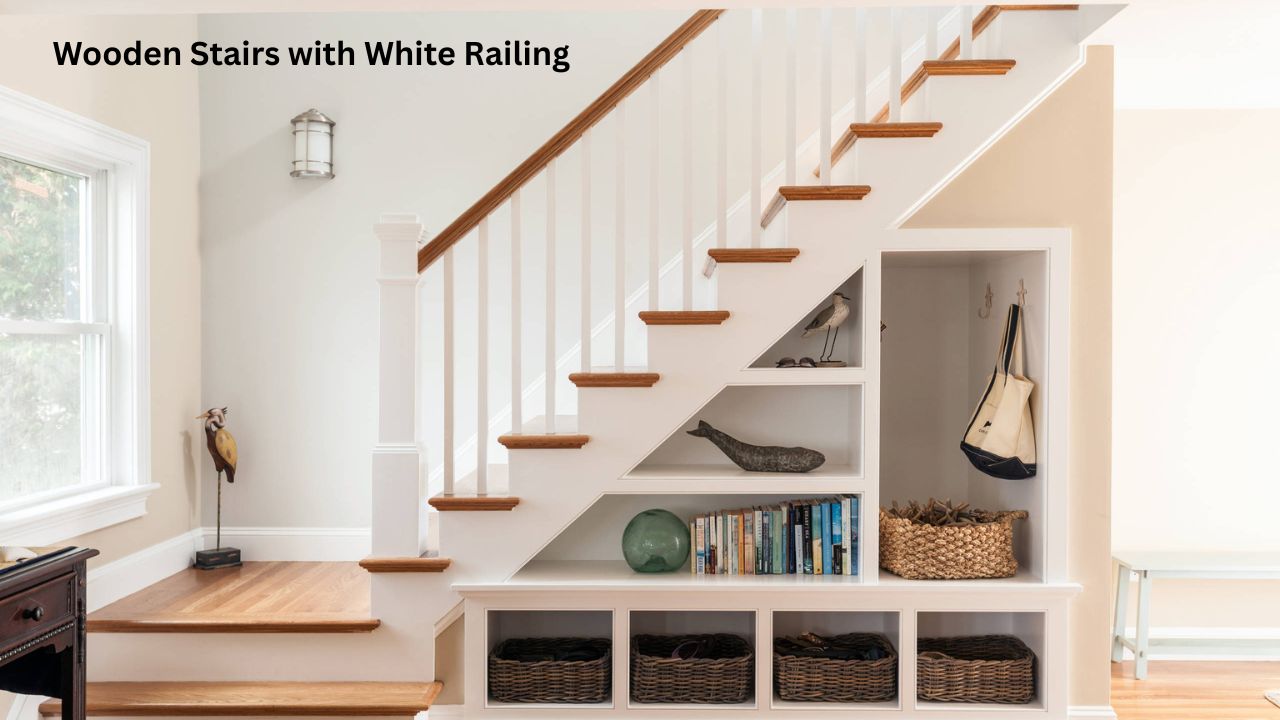 Wooden Stairs with White Railing